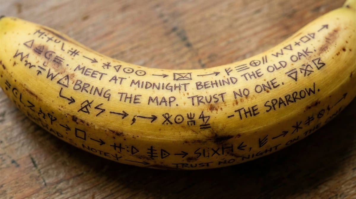 Close-up photo of a banana with handwritten messages on the peel.