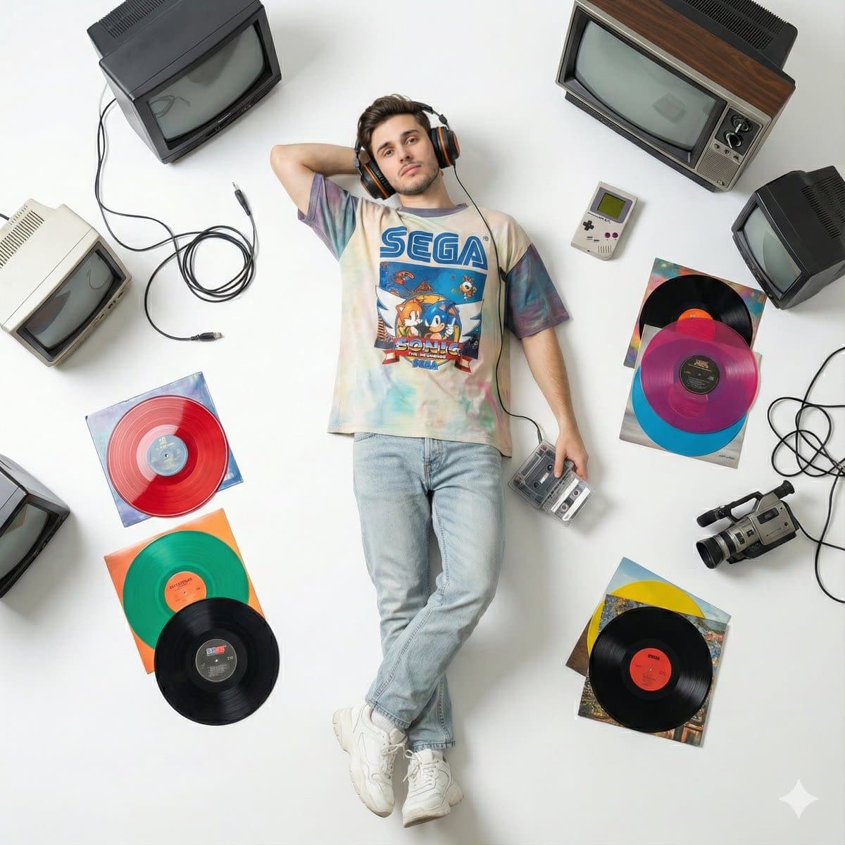 A young man lying on a white floor surrounded by vintage 90s electronics.