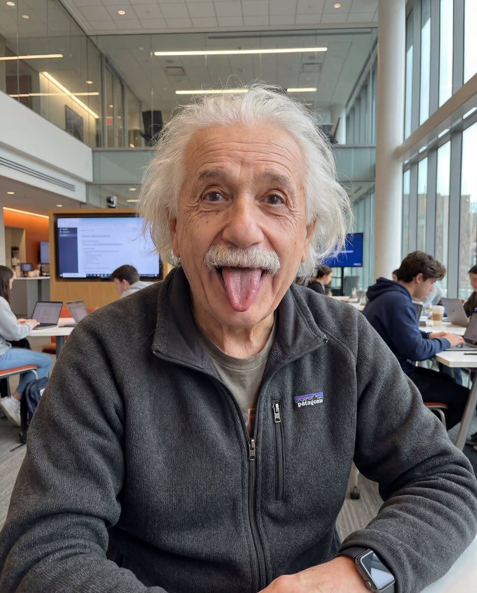 Einstein wearing Patagonia clothing and an Apple Watch in a stylish portrait.