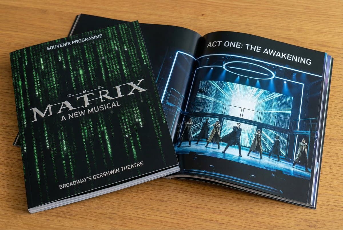 Glossy program design for The Matrix Broadway show with stage photo.