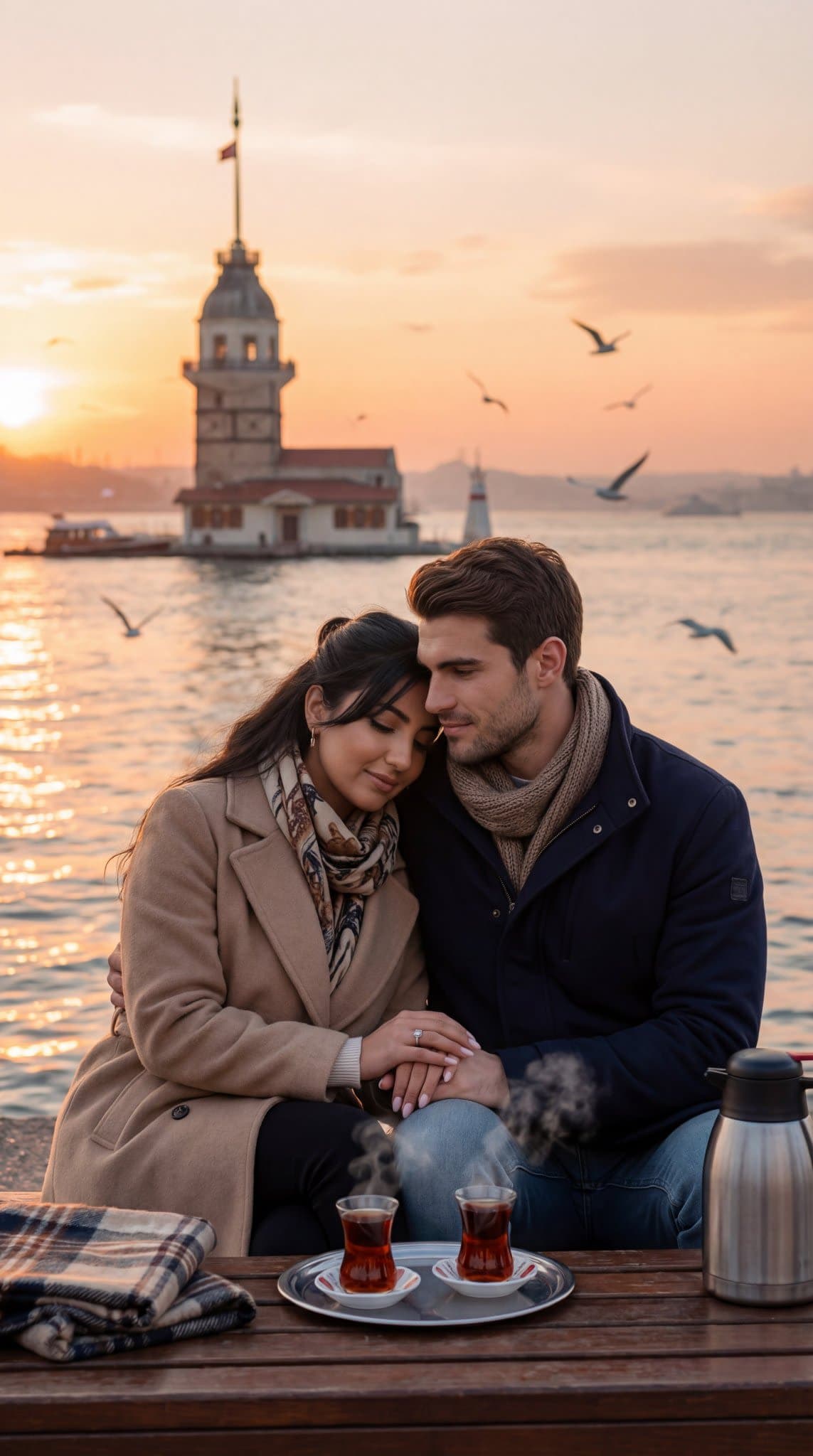 Photorealistic scene of a couple at Uskudar seaside with tea.