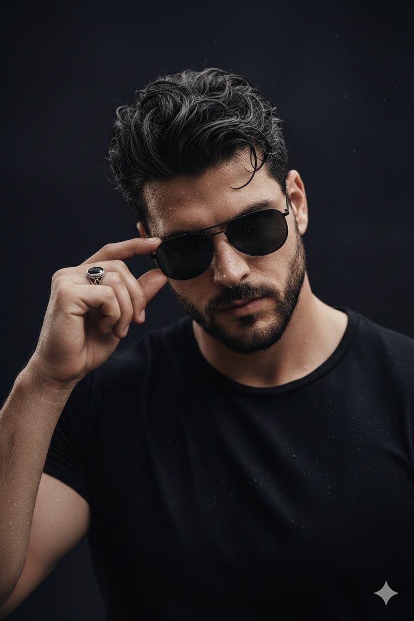 Ultra-realistic close-up portrait of a young man with wet skin and aviator sunglasses.