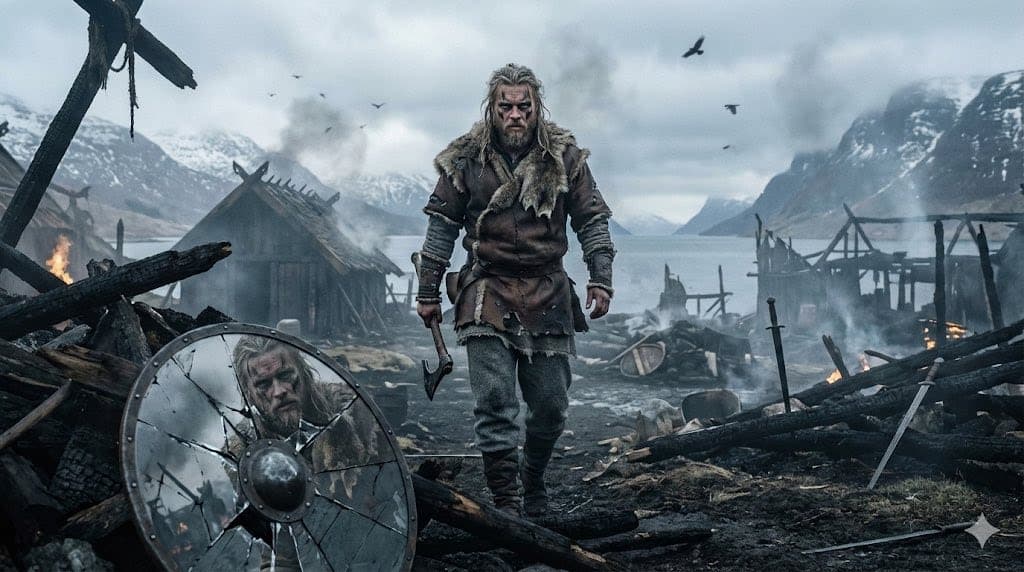 A lone Viking survivor in a burned village with a fierce expression and a battle-worn axe.