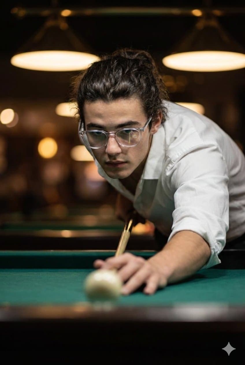 Cinematic close-up of a man focused on taking a billiards shot.