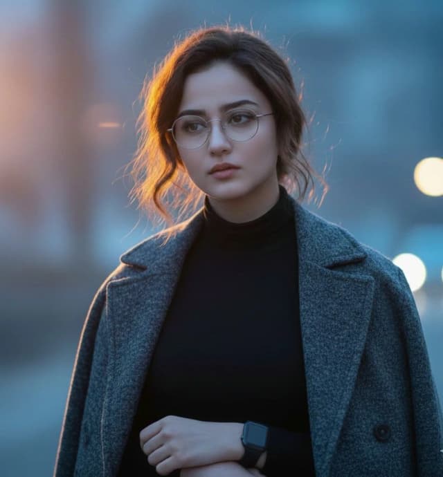 Ultra-realistic cinematic portrait of a young woman outdoors.