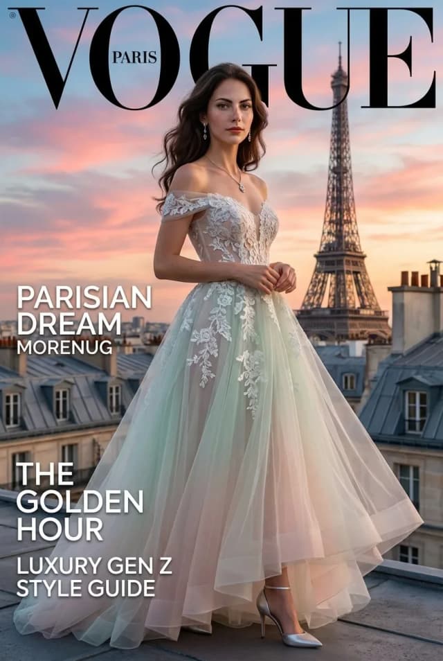 Vogue Paris magazine cover featuring a woman in an elegant gown at sunset with the Eiffel Tower.