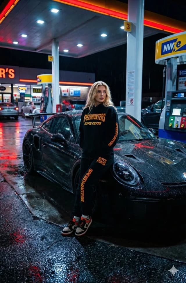 Ultra-realistic night scene at a gas station with a black Porsche GT3 RS.