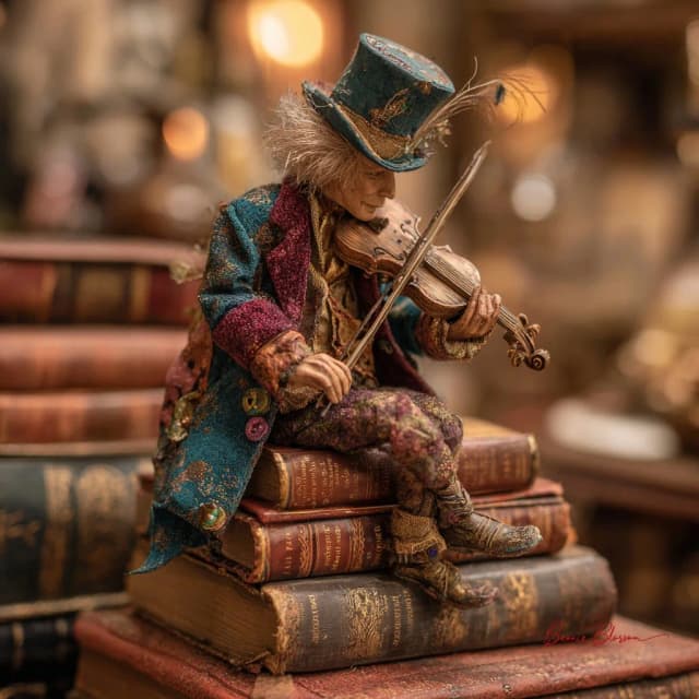 Tiny violinist performing in a cozy Parisian bookshop atop leather-bound books.