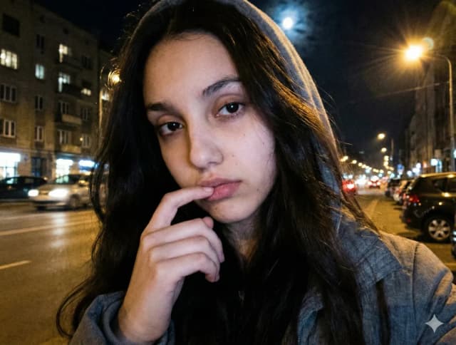 Moody nighttime street portrait selfie of a young woman with urban background.