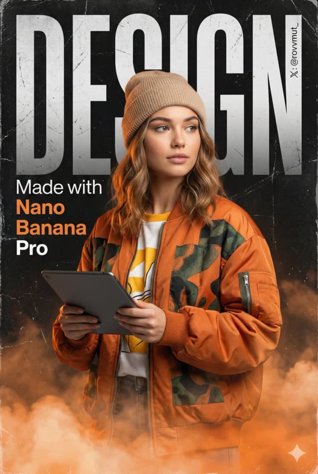 Promotional graphic of a woman in streetwear holding a tablet with urban typography.