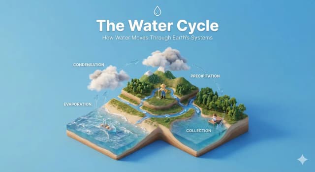 Isometric 3D educational diorama with interactive stages and figures.