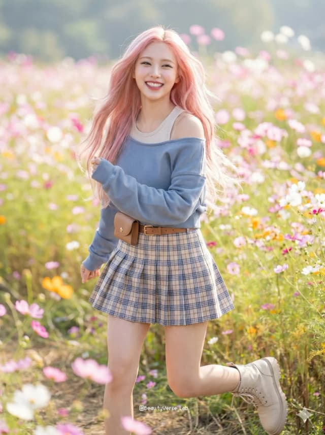 A joyful K-Pop idol running through a colorful flower field in spring.