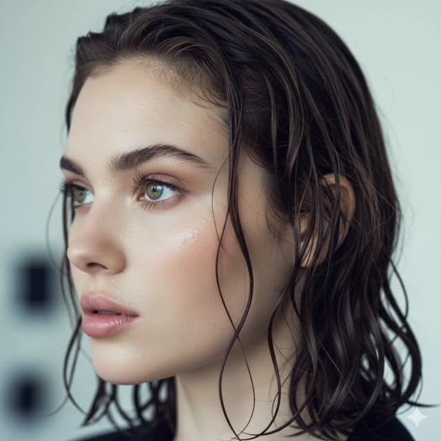 xtreme wet close-up portrait. Young woman's face in profile...